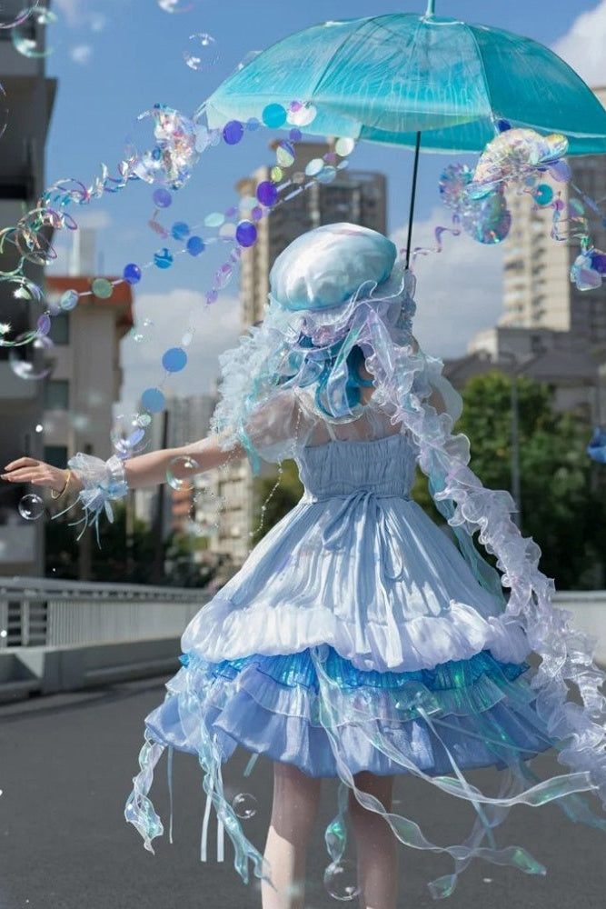 [Date limite de précommande : 1er août] Robe JKS lolita féerique méduse océan blanc x bleu à superpositions avec traîne aurore