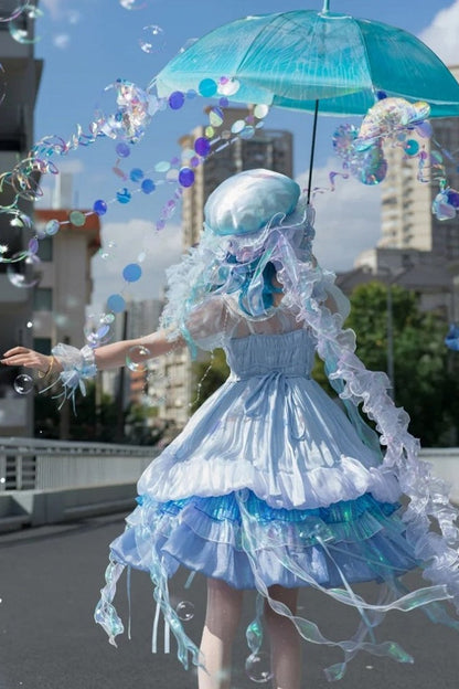 [Date limite de précommande : 1er août] Robe JKS lolita féerique méduse océan blanc x bleu à superpositions avec traîne aurore