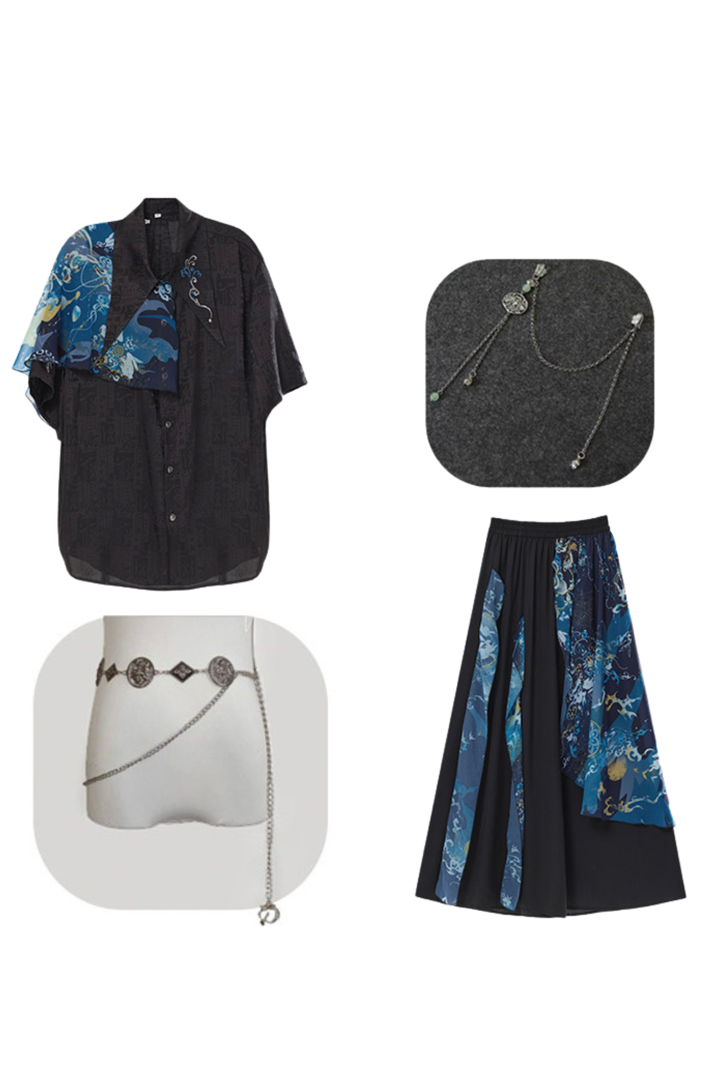 ダークチャイナシャツ+ワイドレッグパンツ+チェーン+ベルト