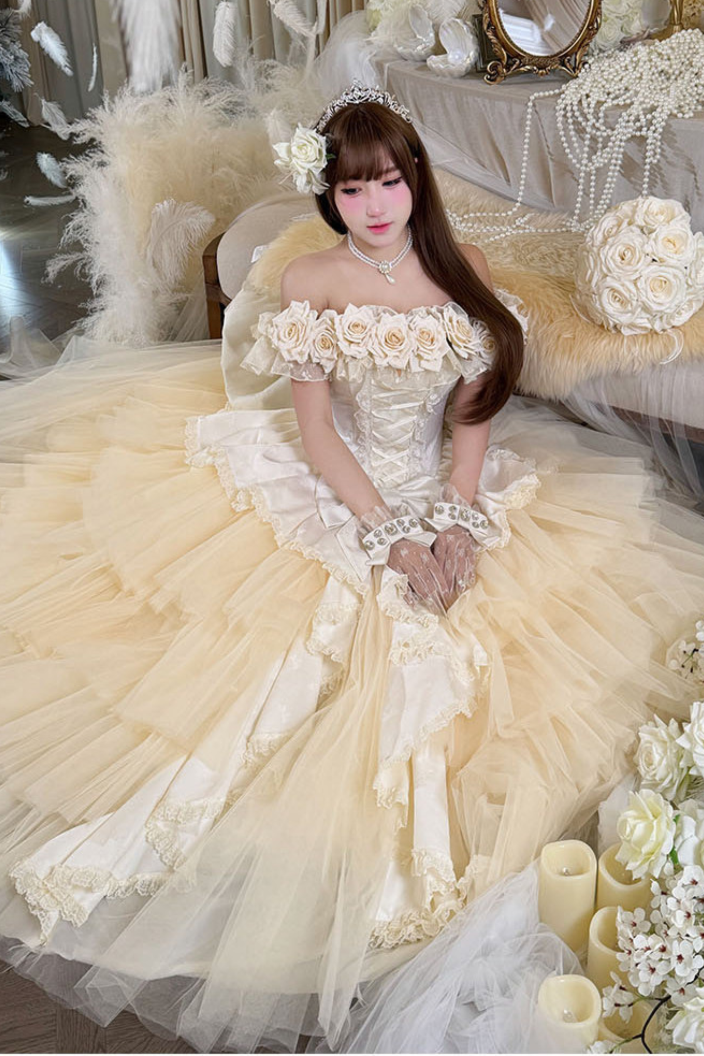 [예약상품] 4월 4일 예약마감]애프리콧 웨딩 로리타 원피스+숄+소매+리본 테일+베일