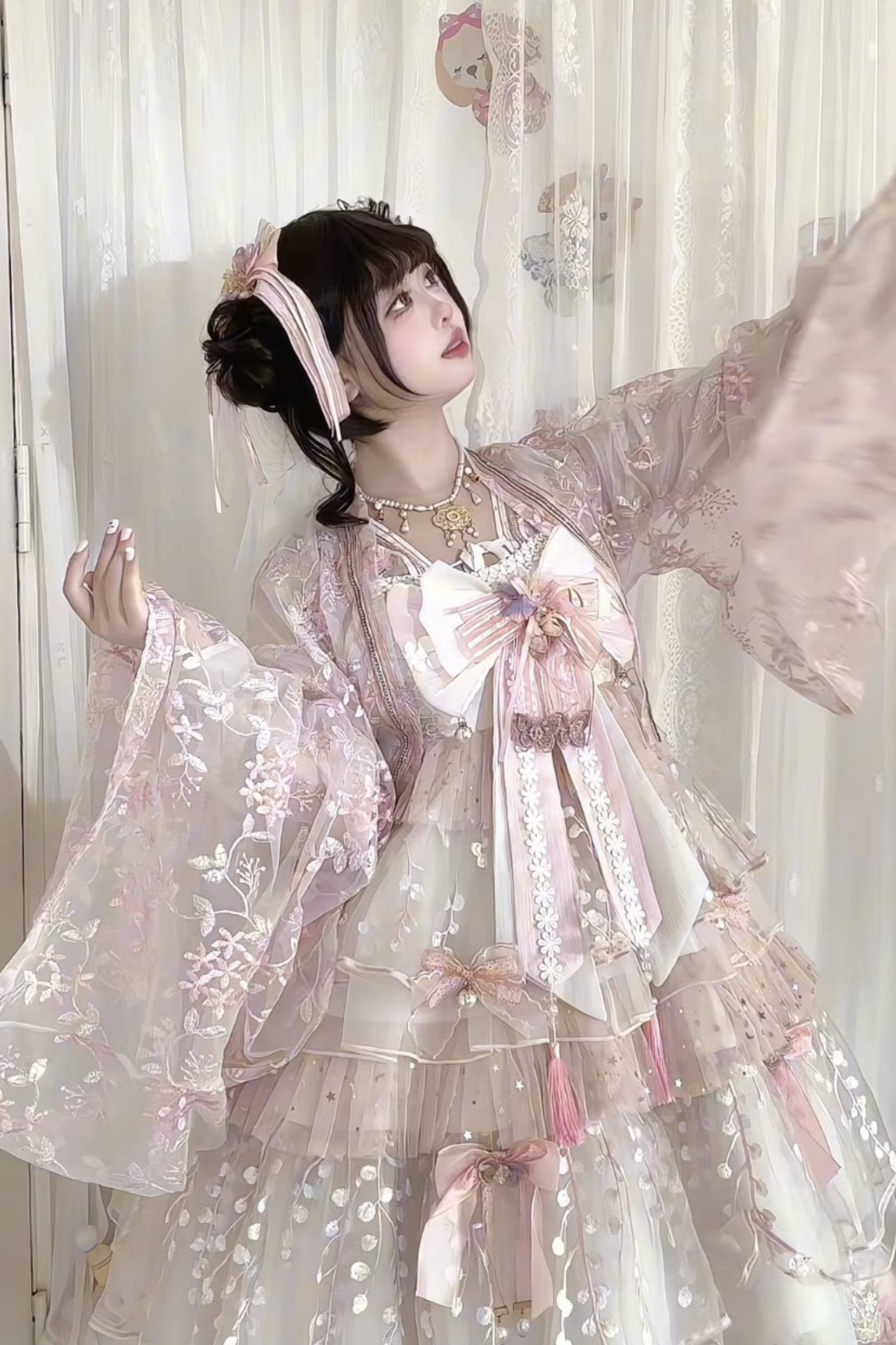 사쿠라 스위트 차이나 로리타 셔츠 + 목걸이 + 리본 + 베일 + 클립