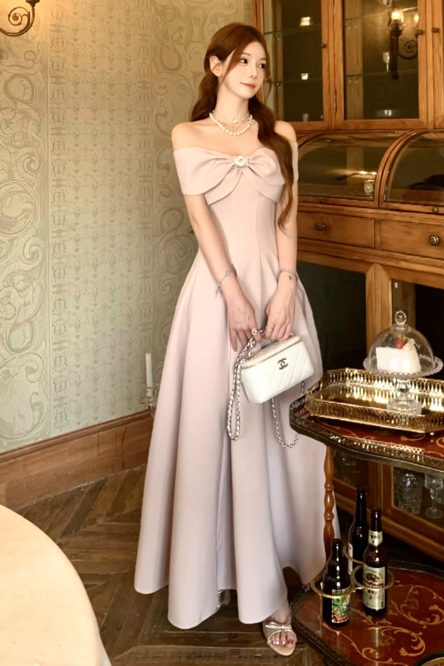 オフショルダーリボンショートフレアドレス＋ロングフレアドレス