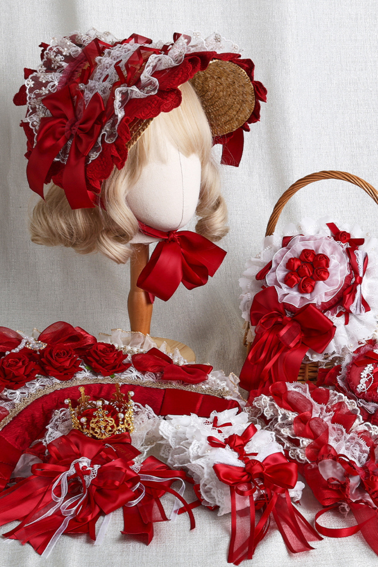 ローズレースロリータボンネット+ハット+ヘアバンド+クリップハット+クラウン