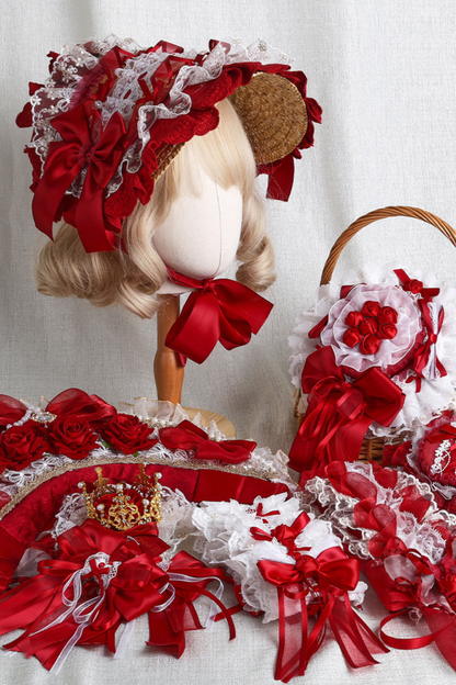 ローズレースロリータボンネット+ハット+ヘアバンド+クリップハット+クラウン