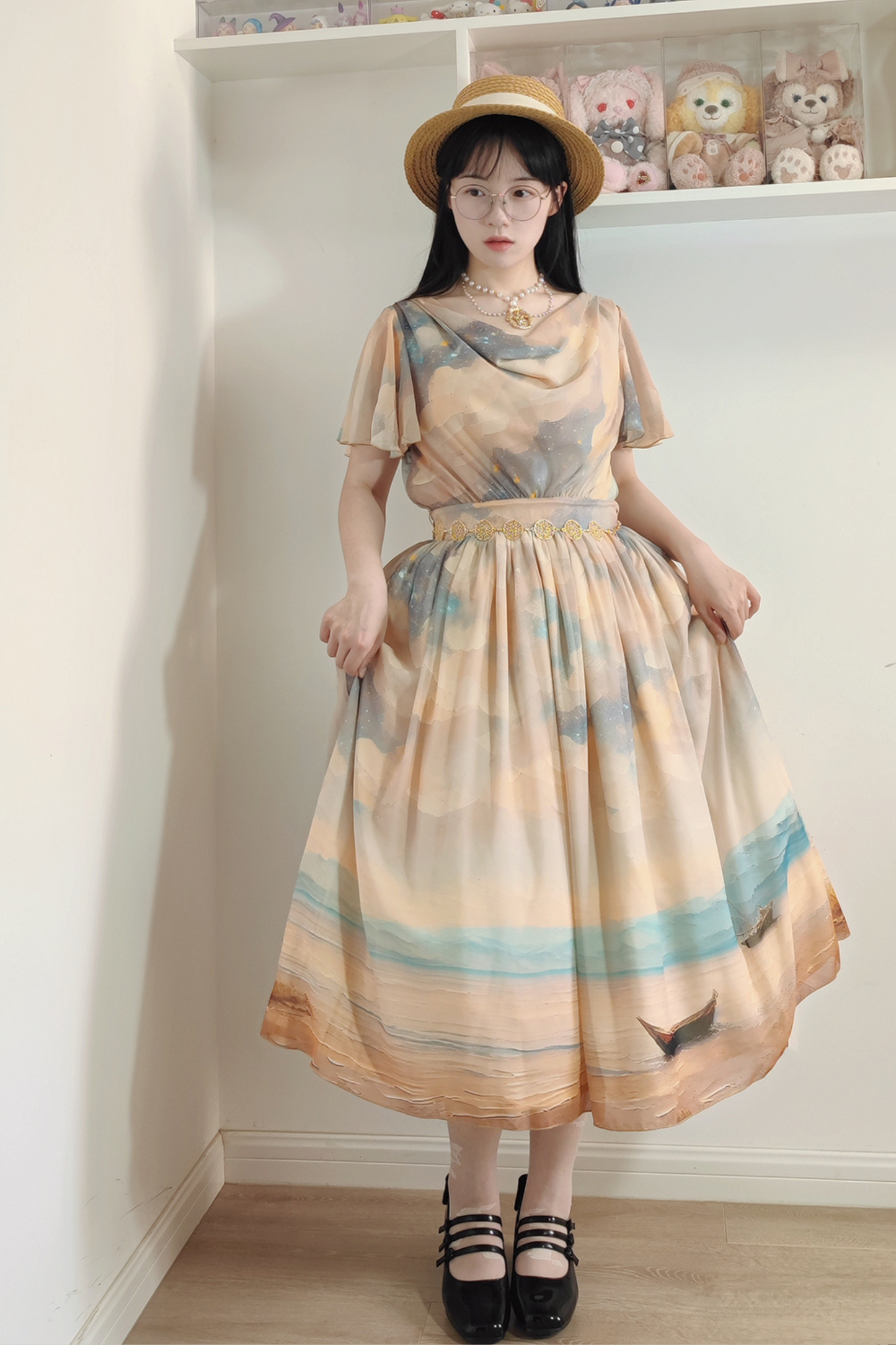 マーブルリゾートシフォンプリントドレス