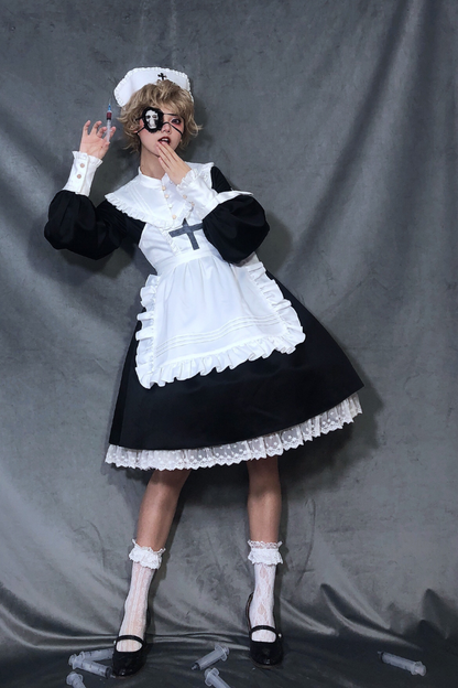 ランタンエンジェルメイドロリータドレス＋エプロン＋つけ襟