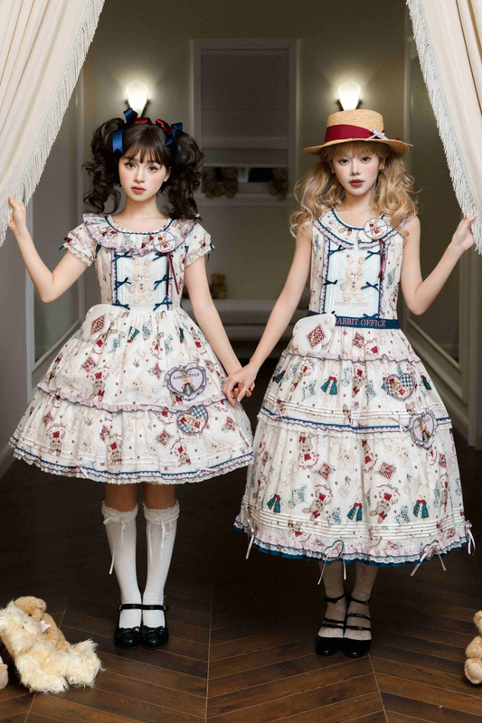 レトロアニマルパフスリーブドレス+ノースリーブドレス