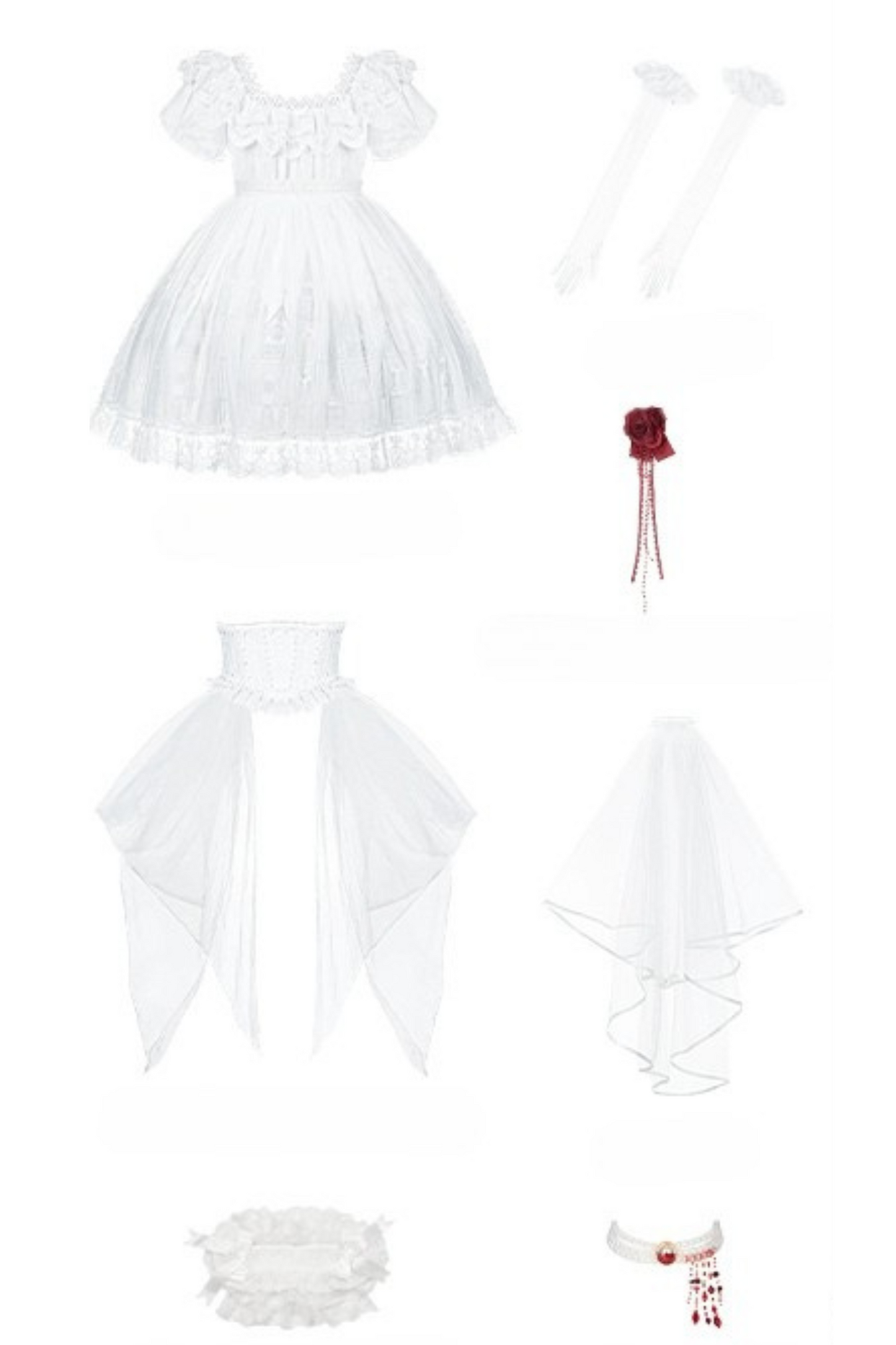 ゴシックツインズロリータドレス＋ハンドスリーブ＋ネックレス＋ヘッドバンド＋ベール＋コルセット＋取り外し可能カーテン＋コサージュ