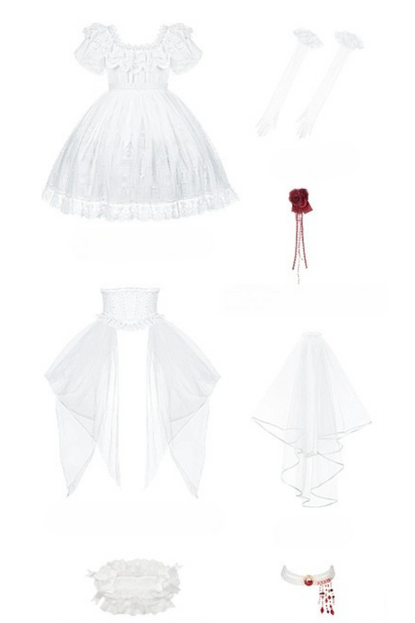 ゴシックツインズロリータドレス＋ハンドスリーブ＋ネックレス＋ヘッドバンド＋ベール＋コルセット＋取り外し可能カーテン＋コサージュ