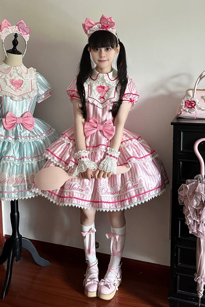 【6月18日予約締切】ピンク/ ブルー/ブラックスイートメイドロリータキャンディストライプティアードドレス＋ドレスセット1/2/3