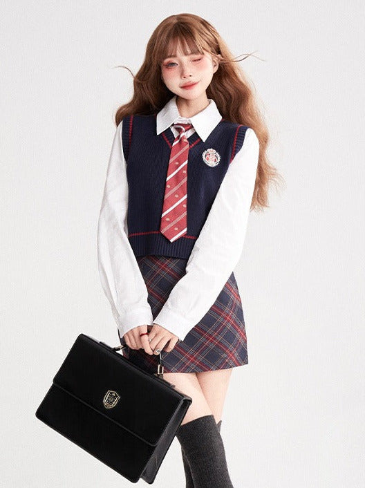 アメリカンカレッジスタイル JK スーツニットベスト + ネクタイシャツ + スカートセット