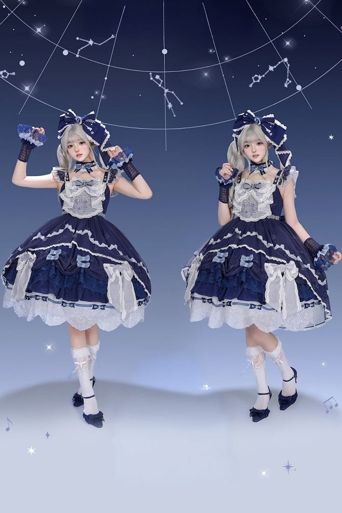 [Clôture des précommandes le 923] Robe JSK classique lolita bleu clair/bleu foncé à broderies d’étoiles célestes, rubans et jupe à volants asymétrique