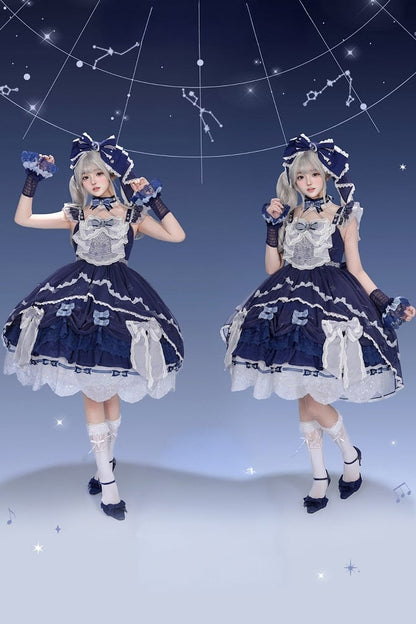 [Clôture des précommandes le 923] Robe JSK classique lolita bleu clair/bleu foncé à broderies d’étoiles célestes, rubans et jupe à volants asymétrique