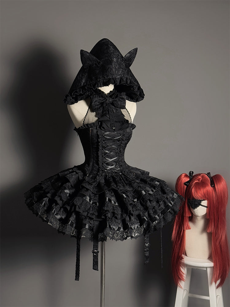 Cat Ear Hat + Dark Punk Halter Ribbon Bustier Dress Setup