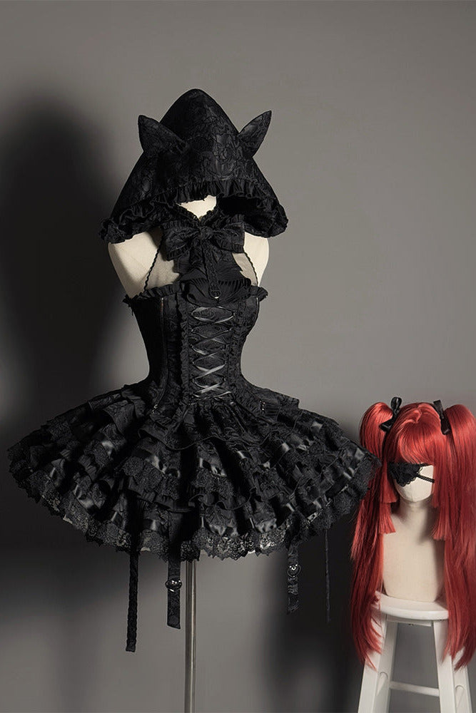 [Deadline for reservation: February 26] Cat Ear Hat Dark Punk Halter Ribbon Bustier Dress Complete Set