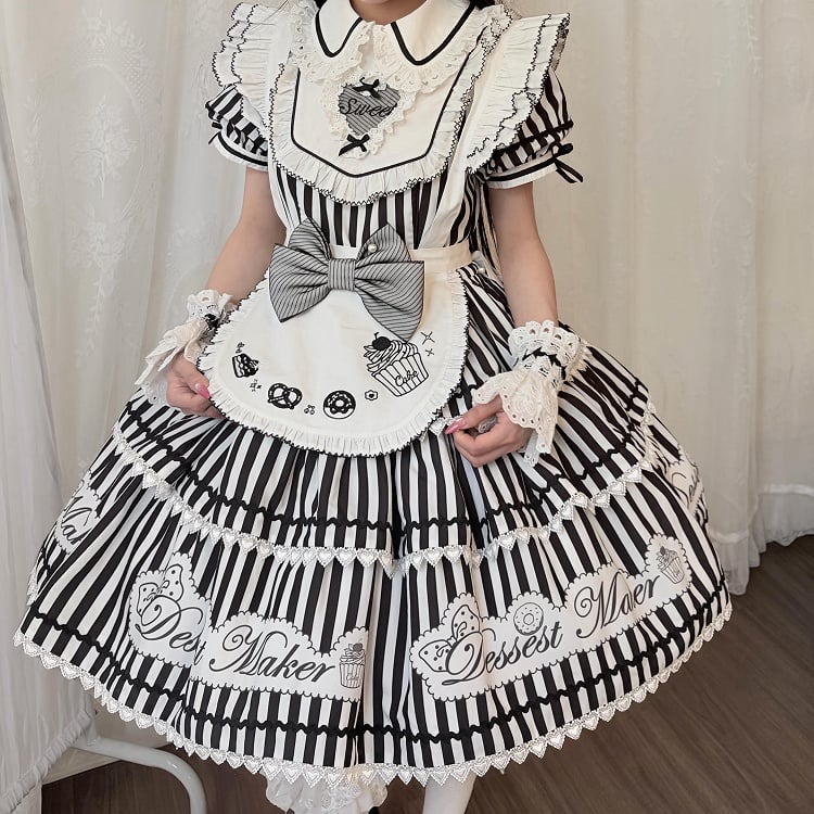 【6月18日予約締切】ピンク/ ブルー/ブラックスイートメイドロリータキャンディストライプティアードドレス＋ドレスセット1/2/3