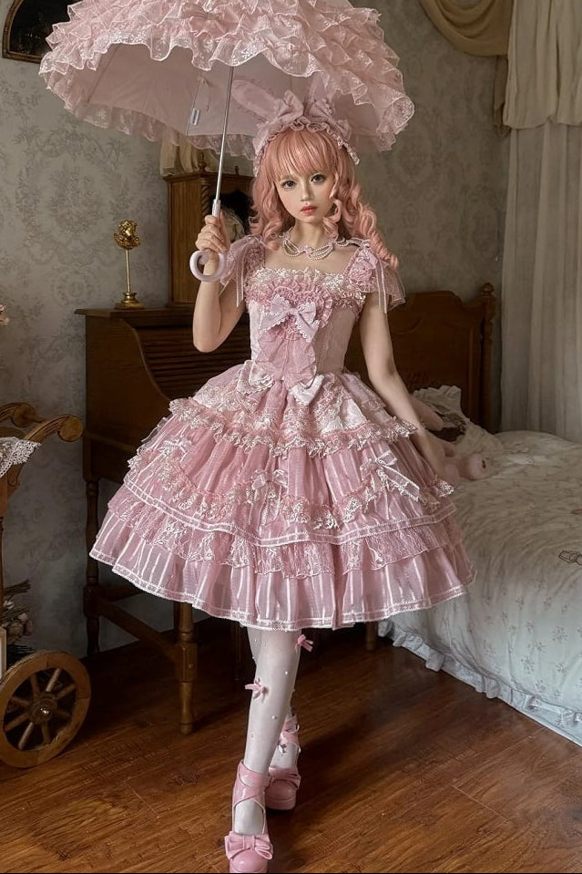 【6月20日予約締切】ピンク/ブルースイートラビットリボンフェアリープリンセスレースティアードJKSドレス