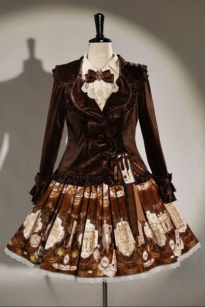 [Pre-order Deadline: November 6] Navy Blue/Brown Classic Italian Travel Diary Lolita Vintage Print Skirt