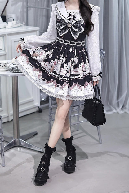 【8月30日予約締切】Black and Pink rabbit print lace sailor collar Op dress +pleated dress skirt set＋ 3 Styles of Bow Tie Available