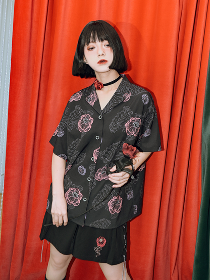 Dark Style Suit Color Flower Bone Shirt