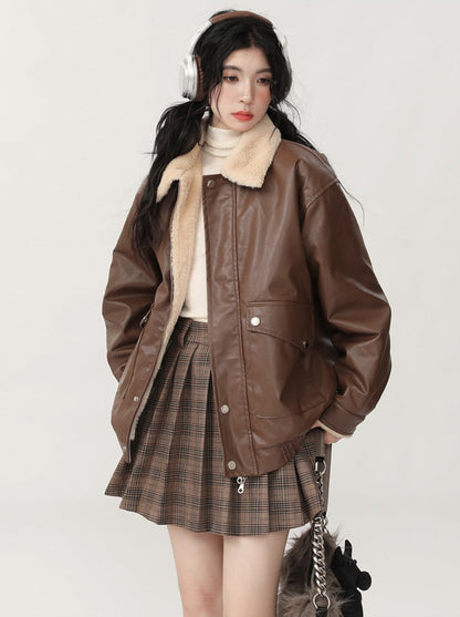 New Retro Loose Fleece Faux Leather Lamb Wool Jacket