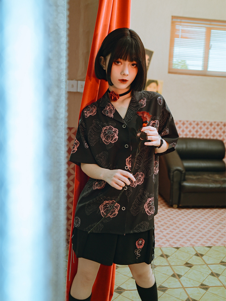 Dark Style Suit Color Flower Bone Shirt