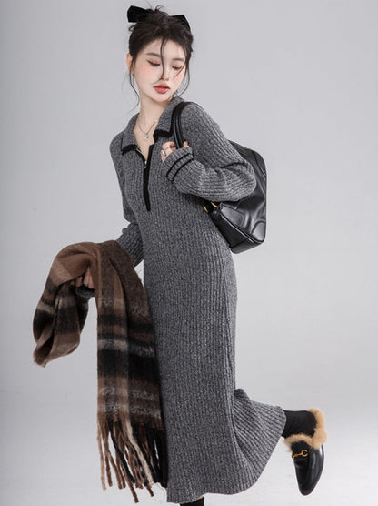 Luxembourg Mix Pattern Grey Wool Knit Dress