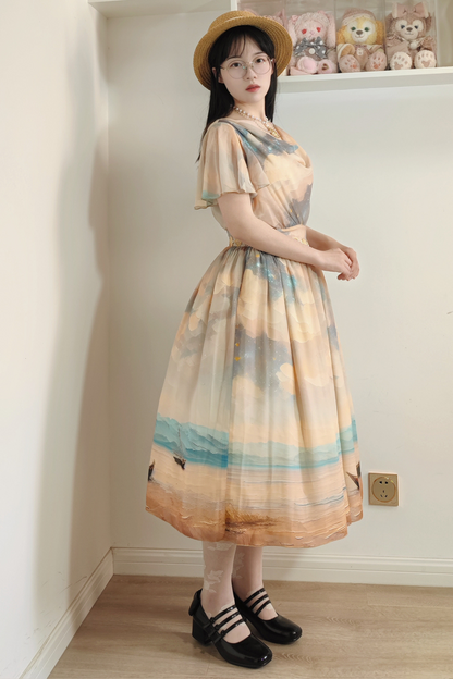 マーブルリゾートシフォンプリントドレス
