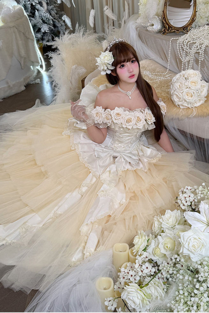 [예약상품] 4월 4일 예약마감]애프리콧 웨딩 로리타 원피스+숄+소매+리본 테일+베일