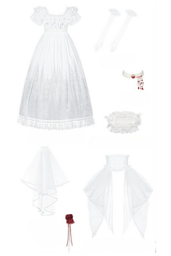 ゴシックツインズロリータドレス＋ハンドスリーブ＋ネックレス＋ヘッドバンド＋ベール＋コルセット＋取り外し可能カーテン＋コサージュ