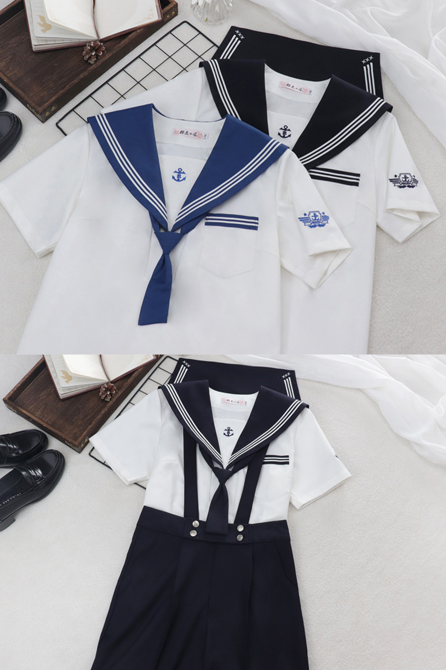 Matrosen-Hemd + Träger-Kurze Hose + Krawatte + Baskenmütze