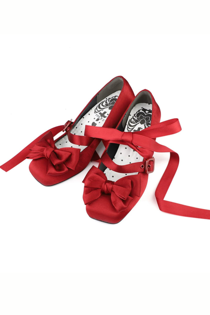 レースアップリボンサテンスクエアトゥシューズ