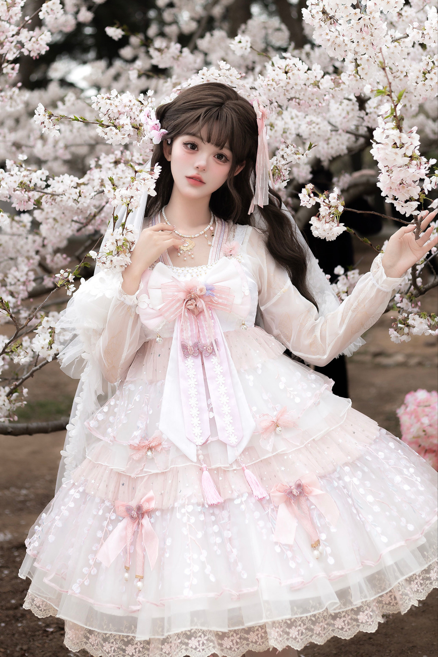 사쿠라 스위트 차이나 로리타 셔츠 + 목걸이 + 리본 + 베일 + 클립