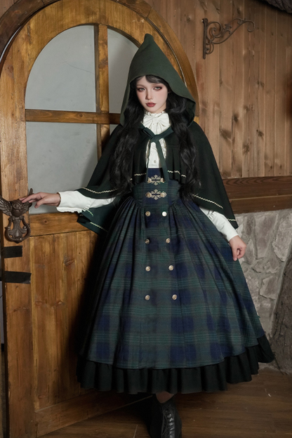 レトロカレッジスタイルチェックロリータスカート＋ジャケット＋マント＋ブラウス＋リボン＋ネックレス