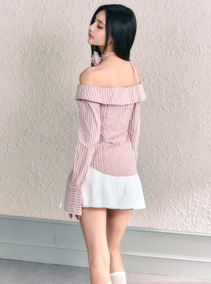 Striped neck flower design off-the-shoulder shirt