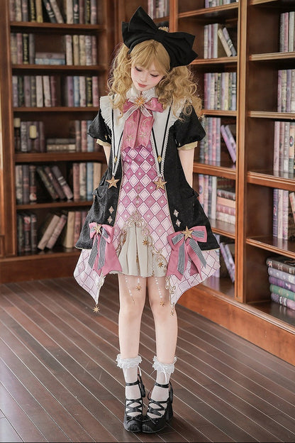 【10月13日予約締切】Magic Academy Starry Diamond Pendant Bow Lolita Dress + Black Lace Trim Bow Puff Sleeve Jacket + Detachable Star Embroidery Ribbon Frill Collar + Full Set
