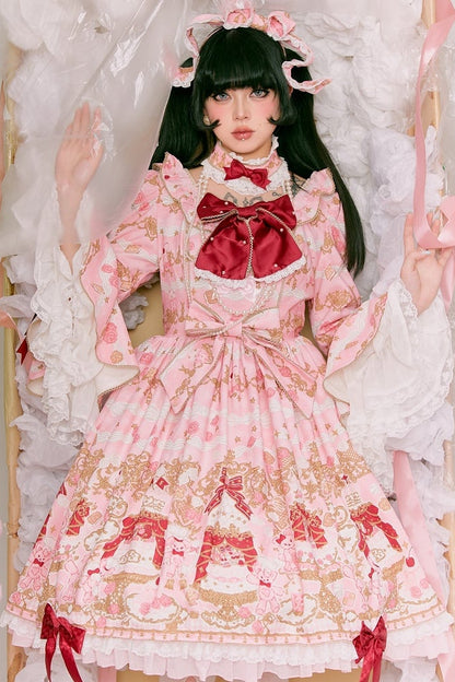 【4月26日予約締切】レトロロマンスイートロリータリボンケーキプリントゴージャス姫袖ドレス