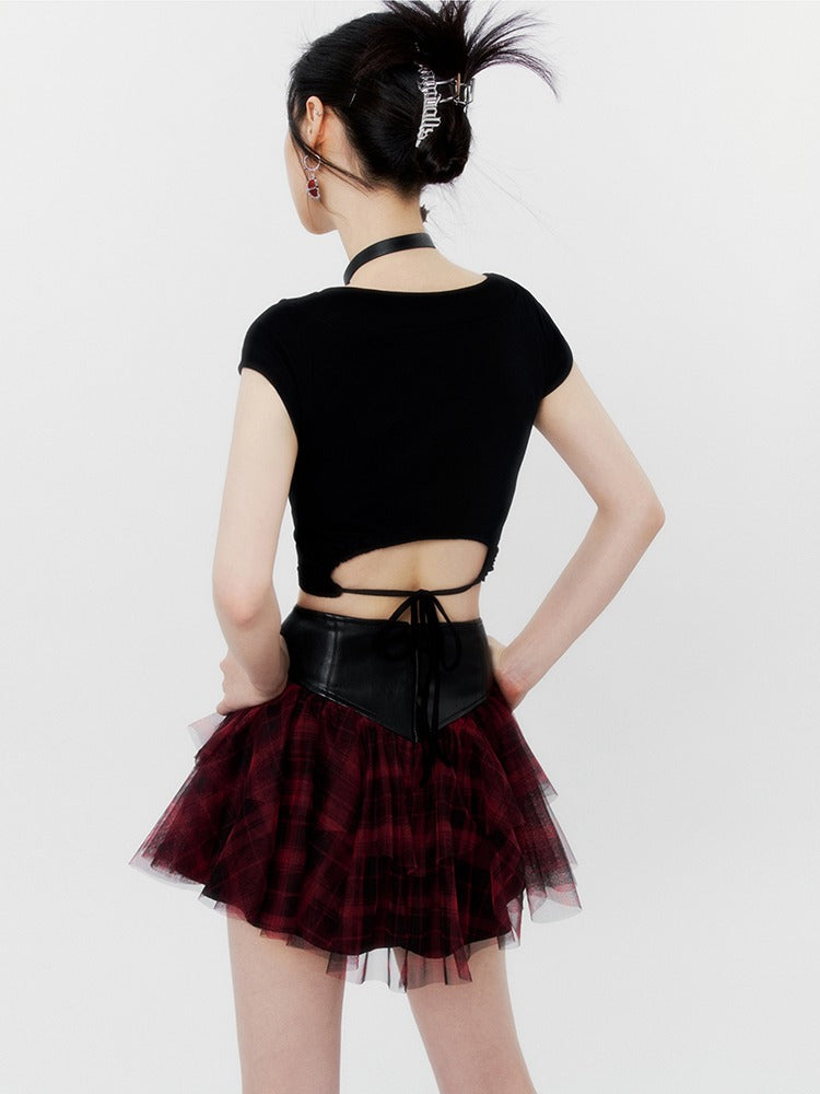 American Rock Spice Leather Check Volume Tulle Skirt