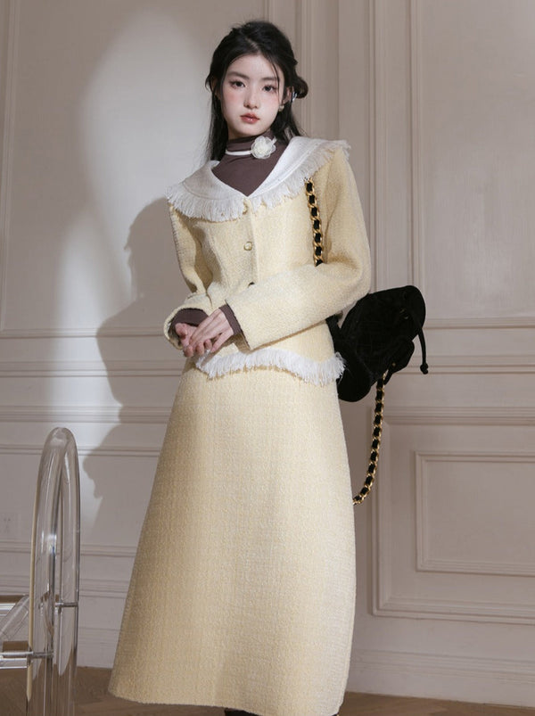 Cheese Yellow Design Fragrance Fringe Color Short Jacket+Skirt Setup