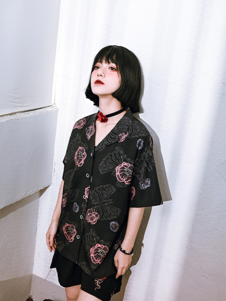 Dark Style Suit Color Flower Bone Shirt