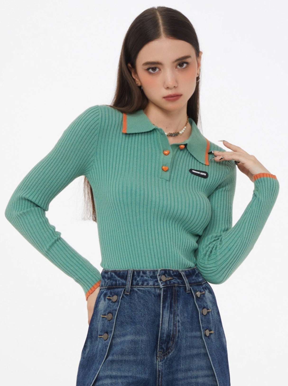 Slim American Retro Polo Collar Ribbed Top