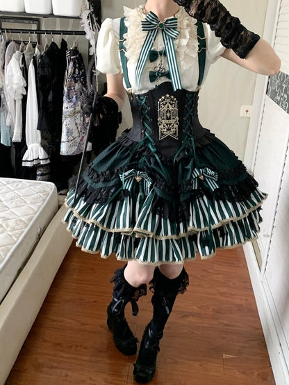 [Pre-order Deadline: May 20] Magical Girl Lolita Elegant Lace Puff Sleeve Shirt + Black x Green Ribbon Corset Tiered Dress + Mini Hat
