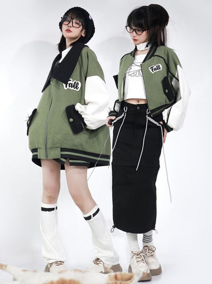 Baseball uniform jacket + high neck top + short skirt + long skirt