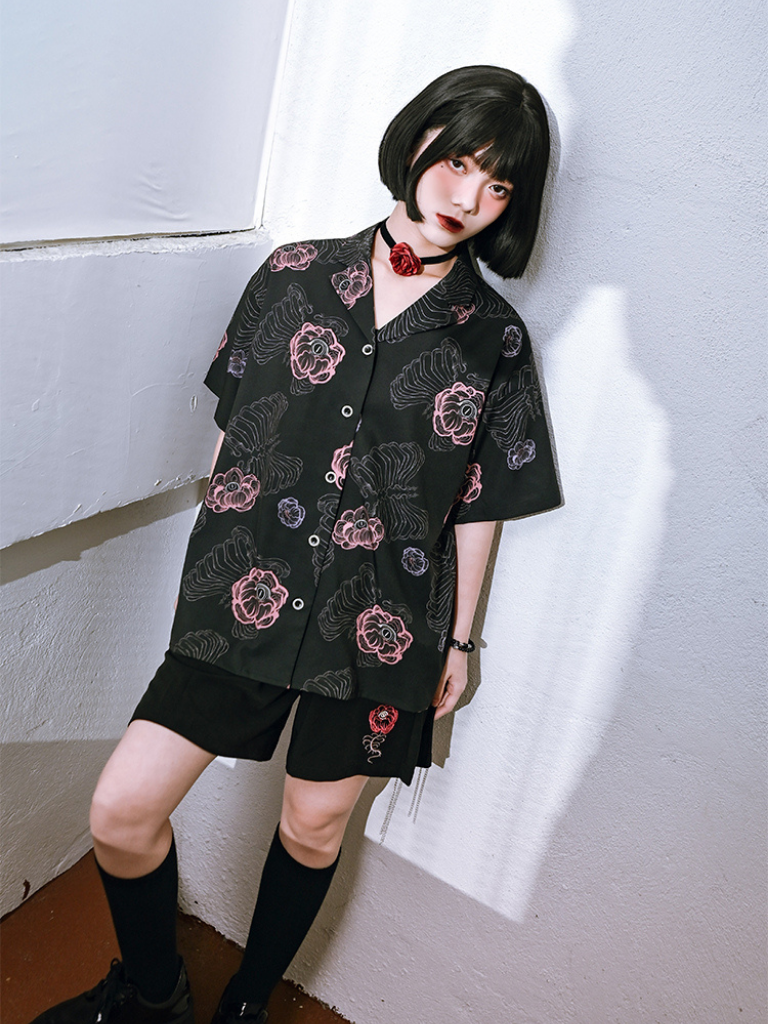 Dark Style Suit Color Flower Bone Shirt