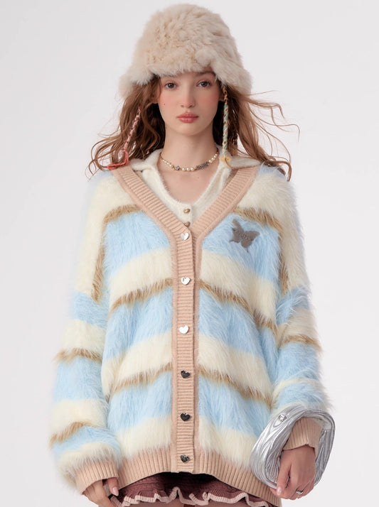 Blue Apricot Striped Knit Fur Cardigan