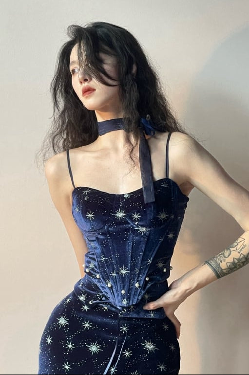 [Reservierungsschluss 1. Juni] Dunkelblau/rosa Atlantis Dark-Fantasy-Lolita-Sternenperlen-Bustierkorsett + prächtiger Rüschen-Meerjungfrauenrock