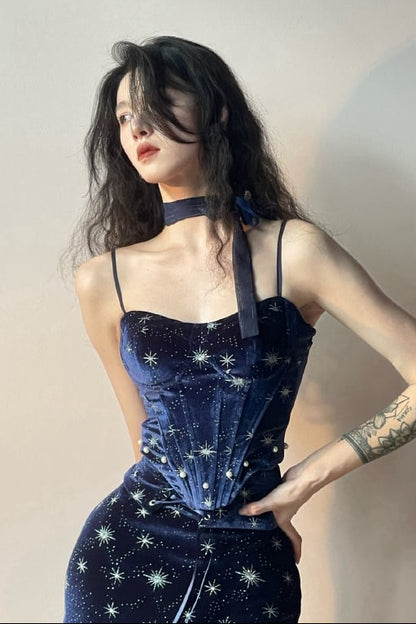 [Reservierungsschluss 1. Juni] Dunkelblau/rosa Atlantis Dark-Fantasy-Lolita-Sternenperlen-Bustierkorsett + prächtiger Rüschen-Meerjungfrauenrock
