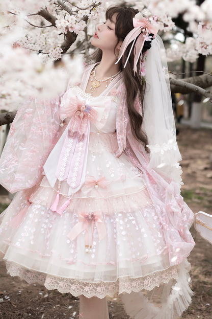 사쿠라 스위트 차이나 로리타 셔츠 + 목걸이 + 리본 + 베일 + 클립