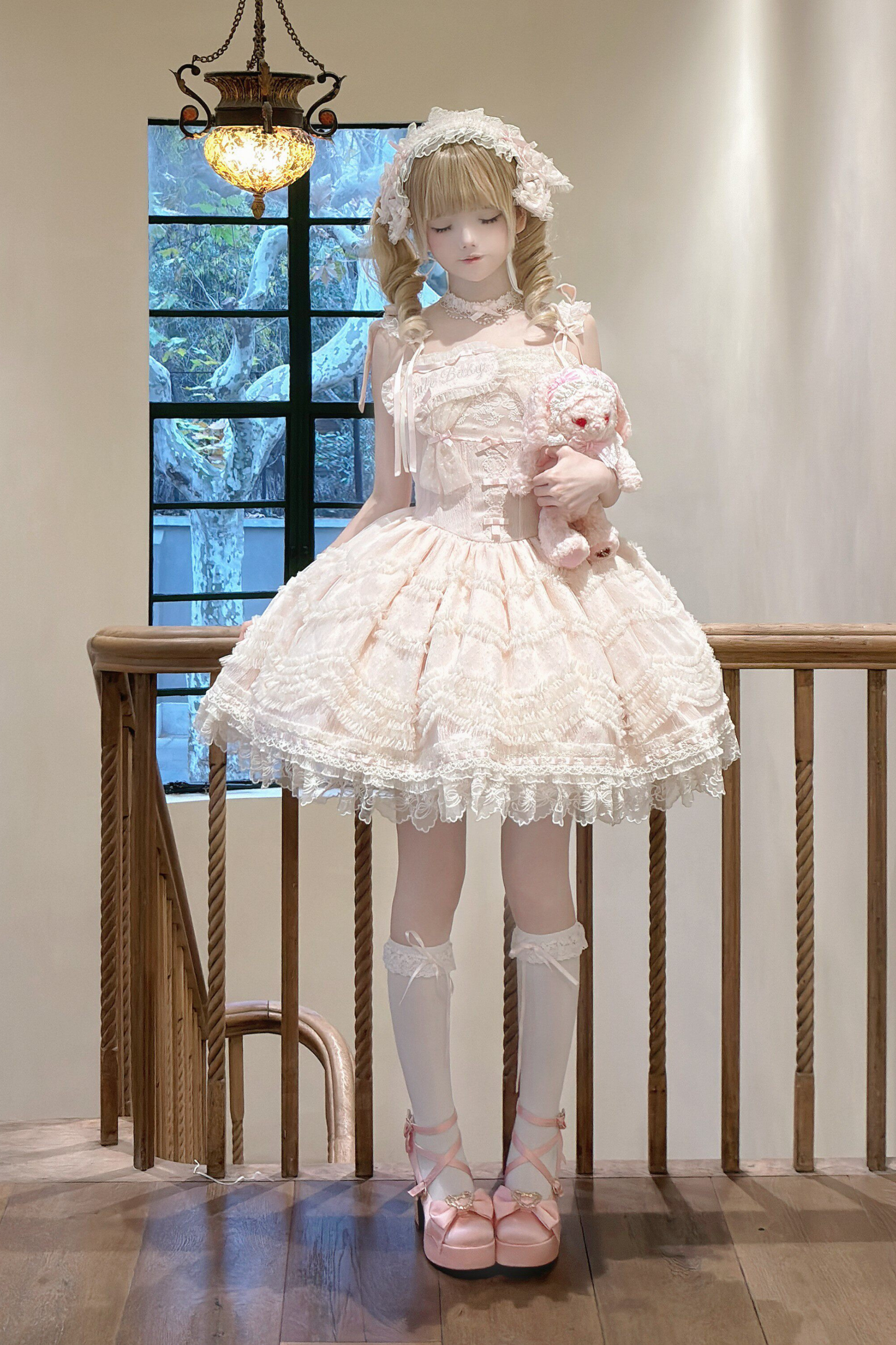 甜美珍妮蘿莉塔吊帶裙+項鍊+帽子+髮帶