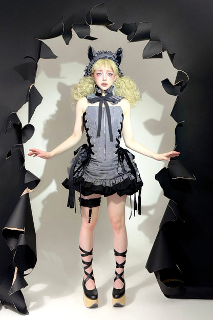 [Vorbestellschluss: 8. August] Gothic-Lolita Dark-Cat gestreifte kurze Rüschenjacke+Korsett-Bustier+hochziehbare kurze Rüschenshorts